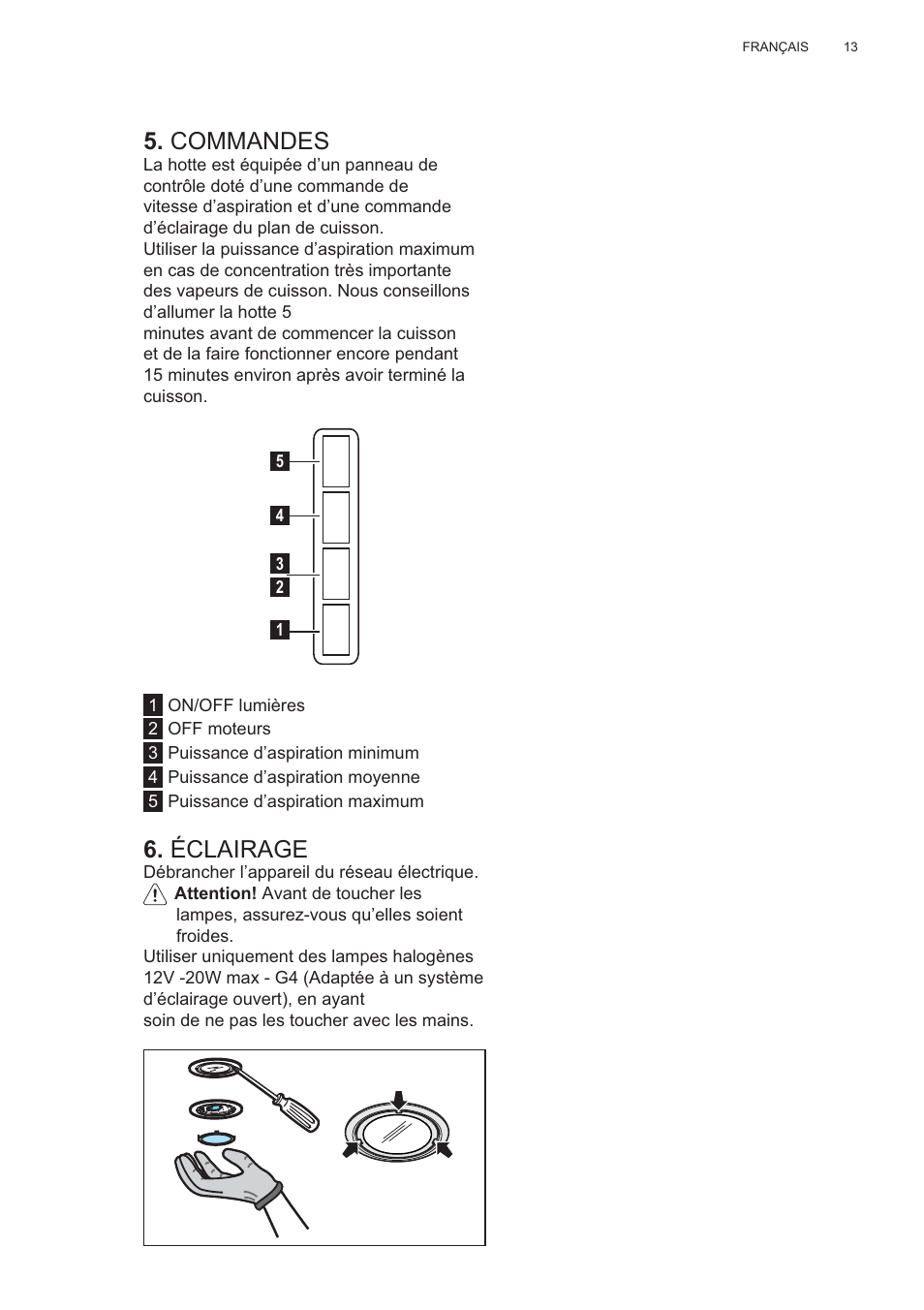 Commandes, Éclairage | AEG X56143MD0 User Manual | Page 13 / 128