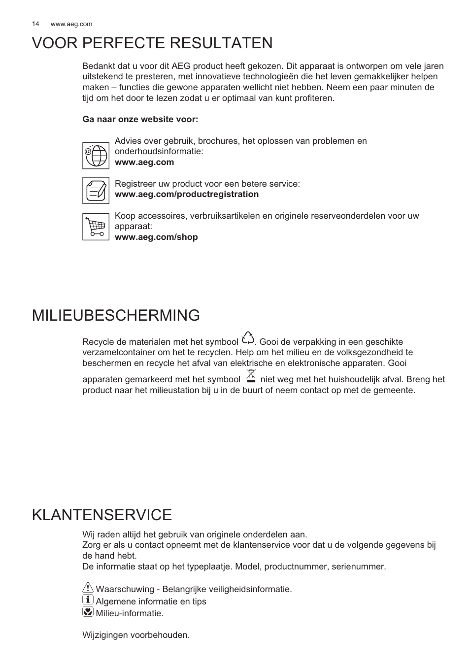 Voor perfecte resultaten, Milieubescherming, Klantenservice | AEG X56143MD0 User Manual | Page 14 / 128