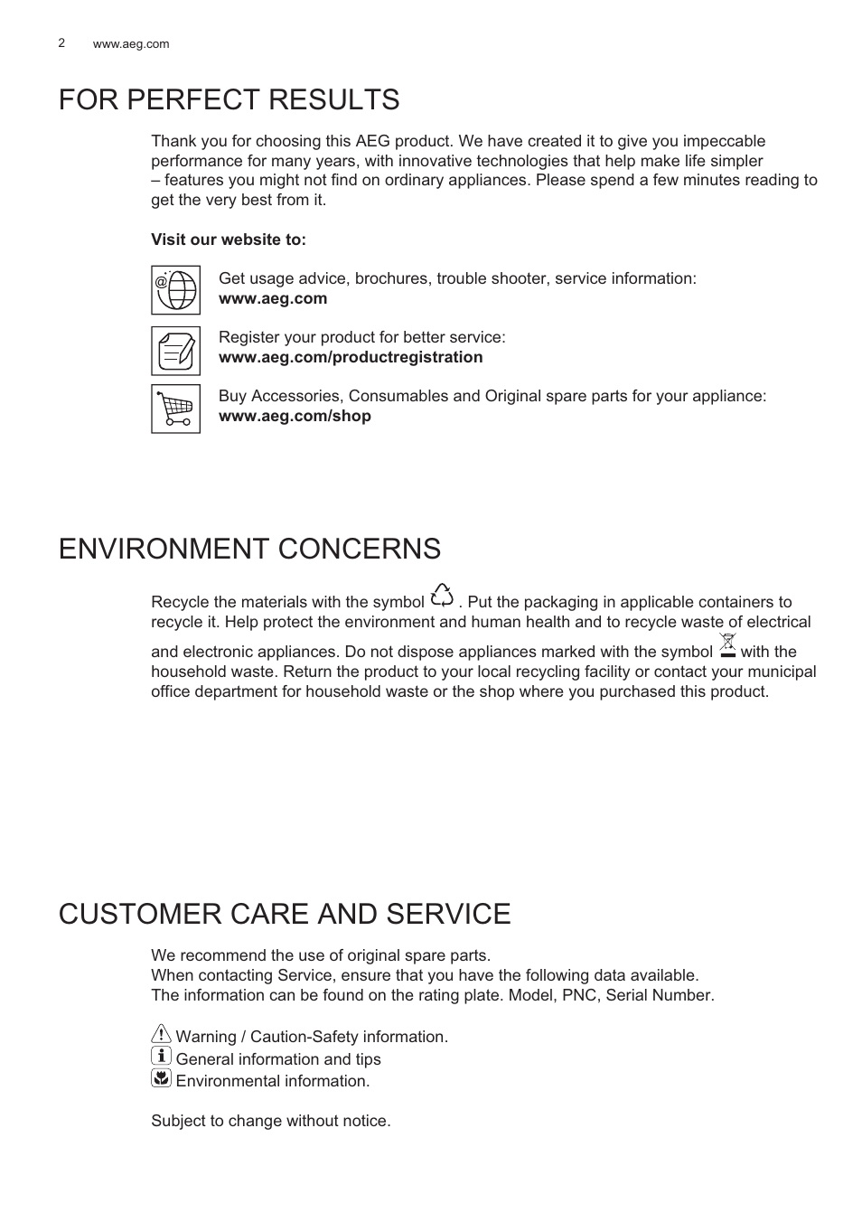 For perfect results, Environment concerns, Customer care and service | AEG X56143MD0 User Manual | Page 2 / 128