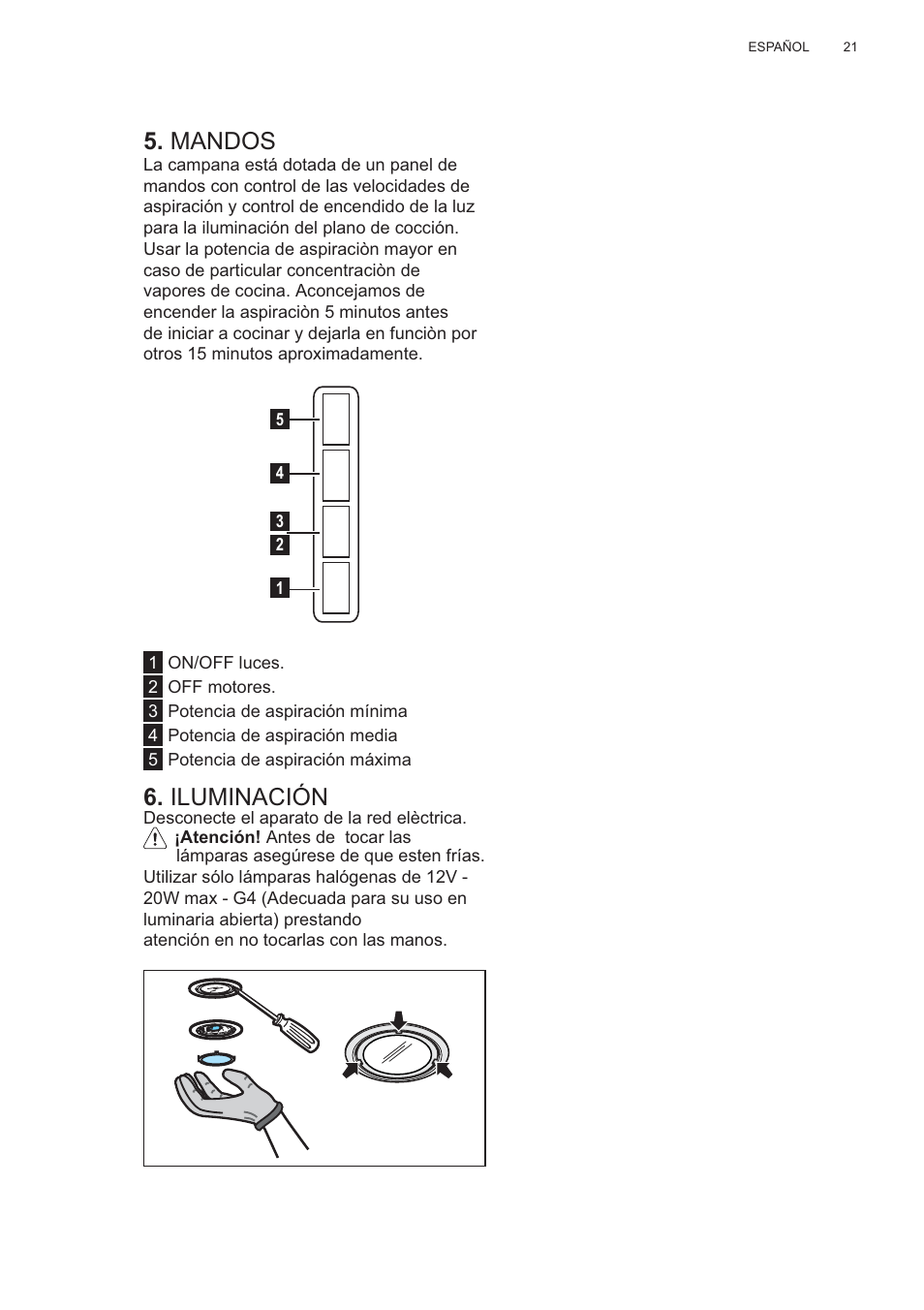 Mandos, Iluminación | AEG X56143MD0 User Manual | Page 21 / 128