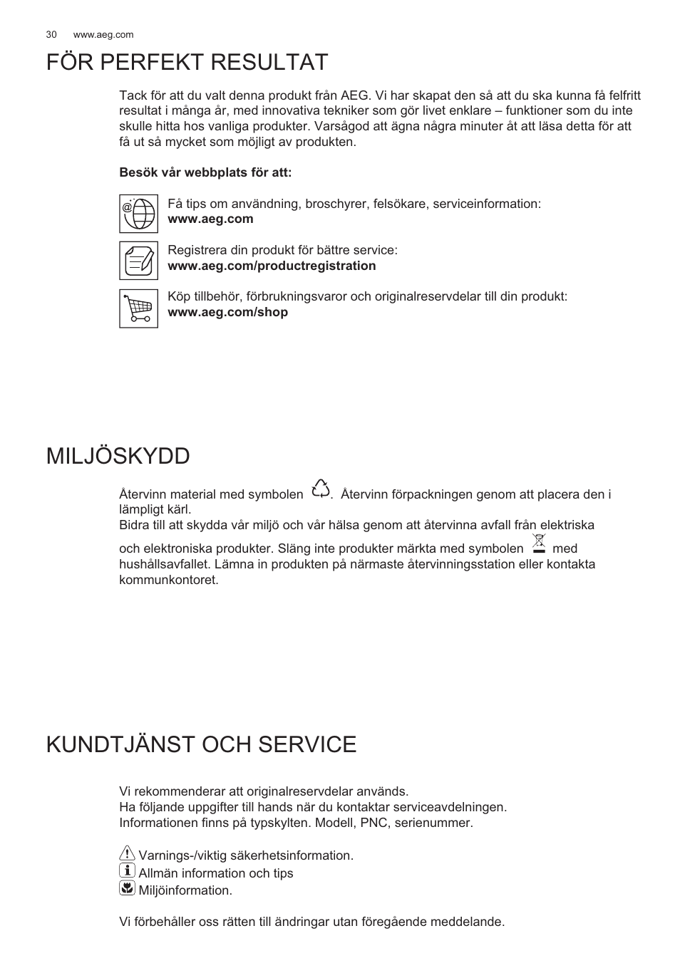 För perfekt resultat, Miljöskydd, Kundtjänst och service | AEG X56143MD0 User Manual | Page 30 / 128