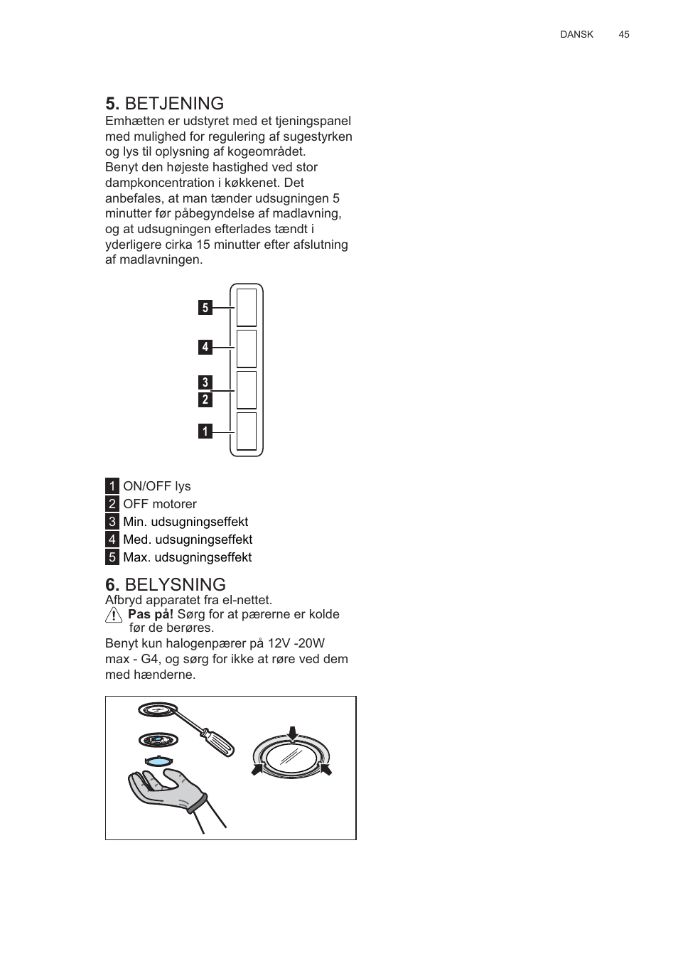 Betjening, Belysning | AEG X56143MD0 User Manual | Page 45 / 128