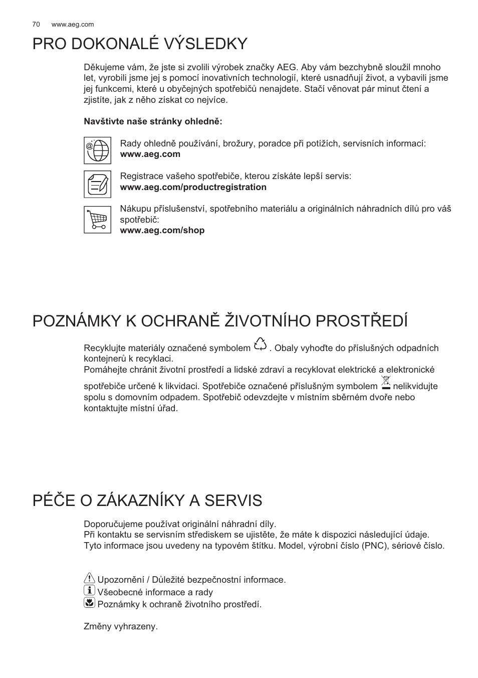 Pé ýe o zákazníky a servis | AEG X56143MD0 User Manual | Page 70 / 128