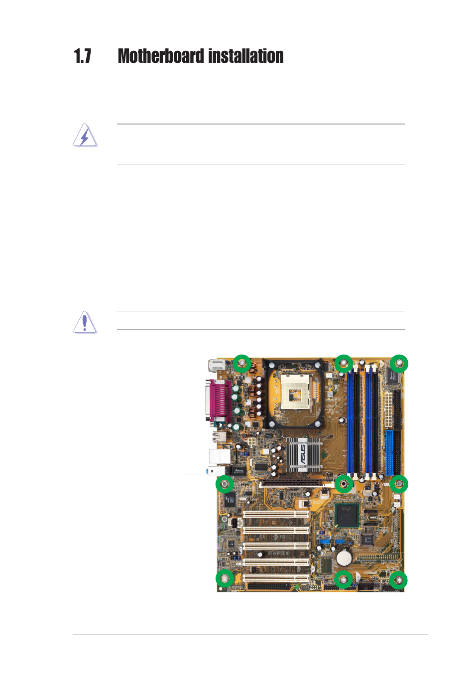 7 motherboard installation, 1 placement direction, 2 screw holes | Asus P4P8X User Manual | Page 21 / 84