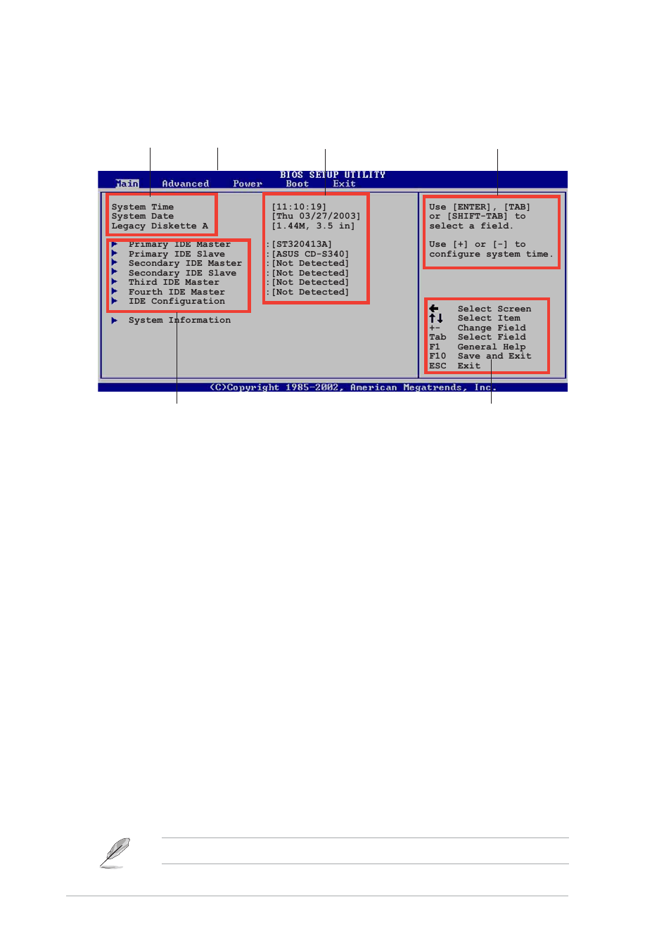 2 menu bar, 1 bios menu screen, 3 navigation keys | Asus P4P8X User Manual | Page 48 / 84