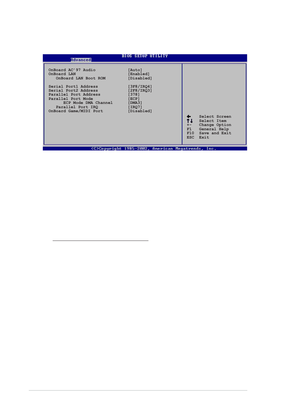 4 onboard devices configuration, Onboard ac’97 audio [auto, Onboard lan [enabled | Serial port1 address [3f8/irq4, Serial port2 address [2f8/irq3, Parallel port address [378 | Asus P4P8X User Manual | Page 60 / 84