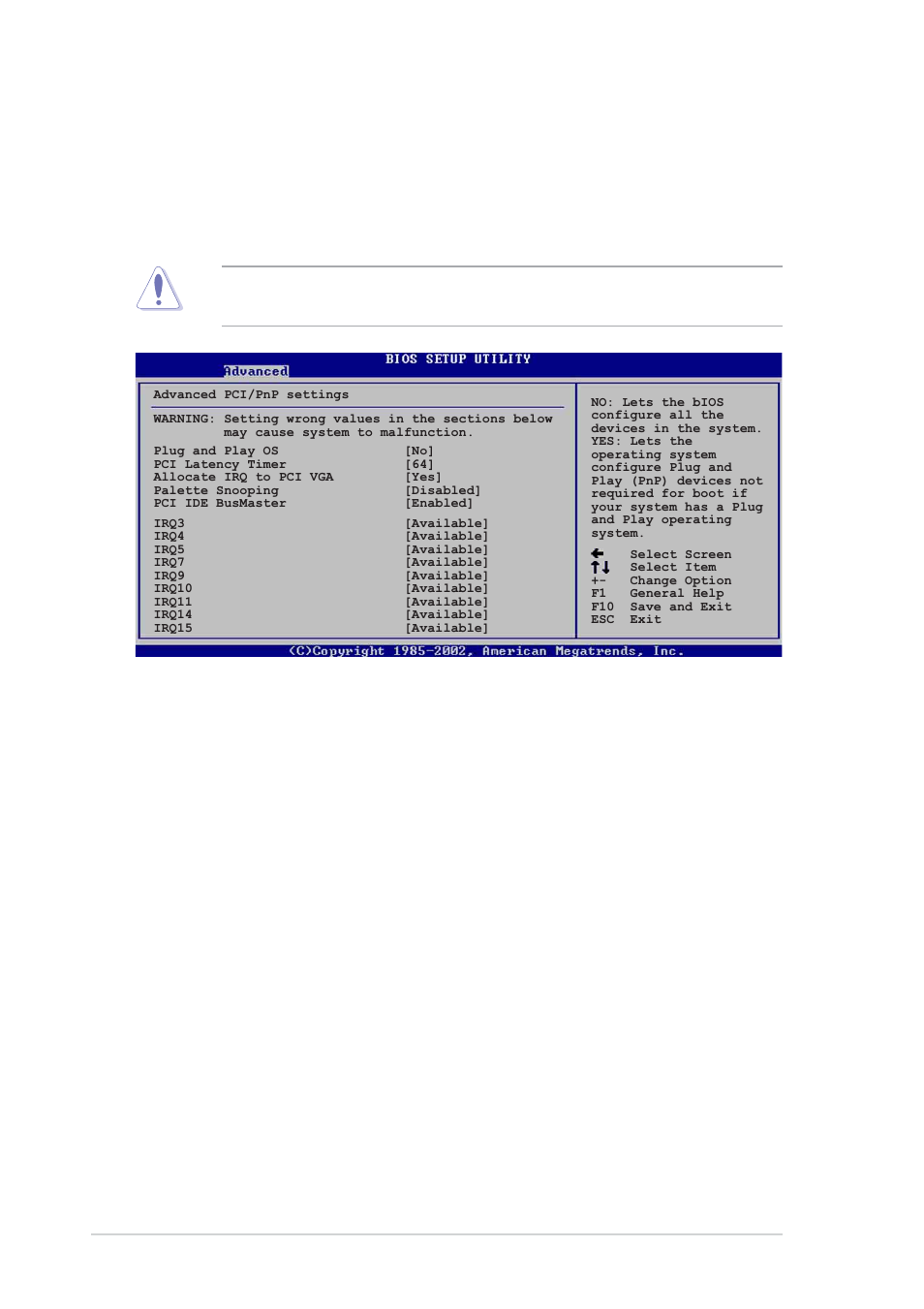 5 pci pnp, Plug and play o/s [no, Pci latency timer [64 | Allocate irq to pci vga [yes, Pallete snooping [disabled | Asus P4P8X User Manual | Page 62 / 84