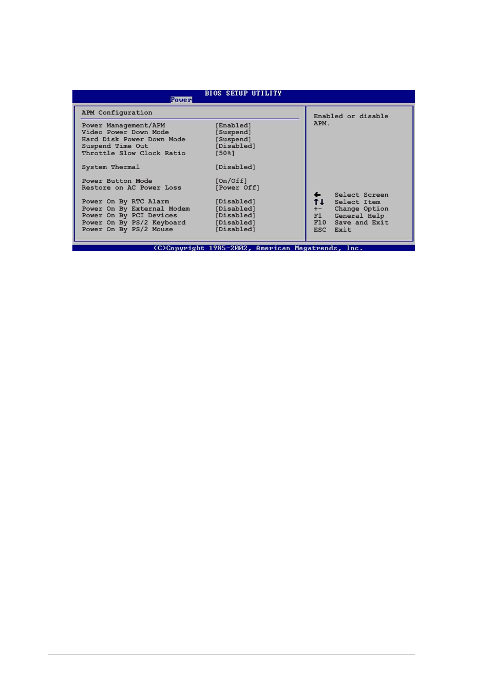 6 apm configuration, Power management/apm [enabled, Video power down mode [suspend | Hard disk power down mode [suspend, Standby time out [disabled, Suspend time out [disabled, Throttle slow clock ratio [50, System thermal [disabled | Asus P4P8X User Manual | Page 66 / 84