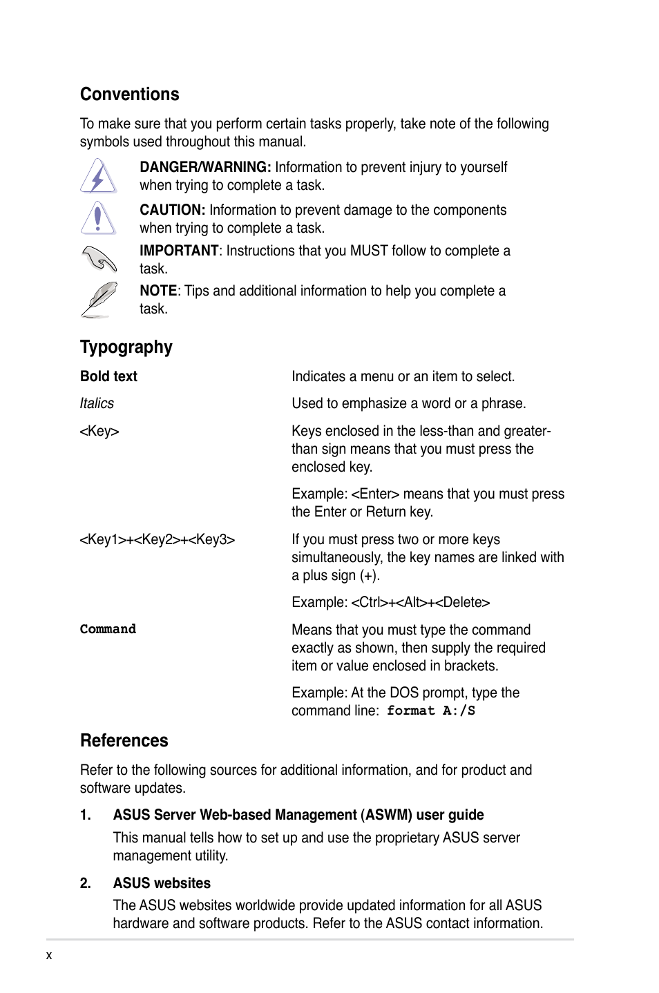 References, Conventions, Typography | Asus RS100-E5-PI2 User Manual | Page 10 / 148