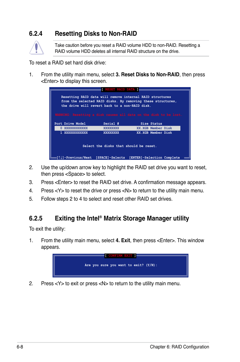 4 resetting disks to non-raid, Resetting disks to non-raid -8, Exiting the intel | Matrix storage manager utility -8, 5 exiting the intel, Matrix storage manager utility | Asus RS100-E5-PI2 User Manual | Page 102 / 148