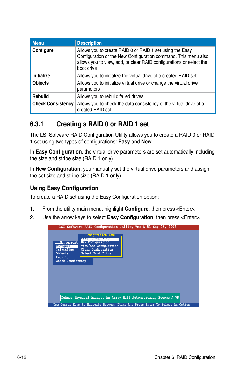 1 creating a raid 0 or raid 1 set, Creating a raid 0 or raid 1 set -12, Using easy configuration | Asus RS100-E5-PI2 User Manual | Page 106 / 148