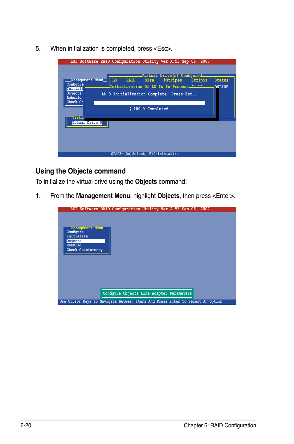 Using the objects command, When initialization is completed, press <esc, 20 chapter 6: raid configuration | Asus RS100-E5-PI2 User Manual | Page 114 / 148