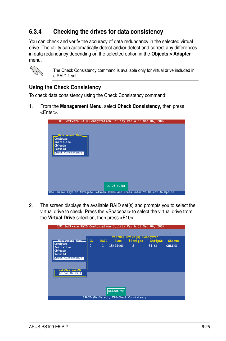 4 checking the drives for data consistency, Checking the drives for data consistency -25, Using the check consistency | Asus RS100-E5-PI2 User Manual | Page 119 / 148