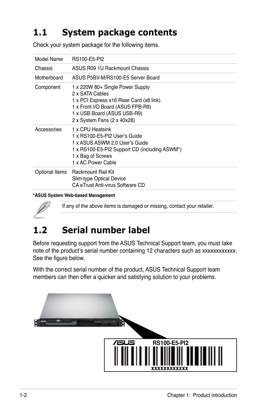 1 system package contents, 2 serial number label, System package contents -2 | Serial number label -2 | Asus RS100-E5-PI2 User Manual | Page 12 / 148