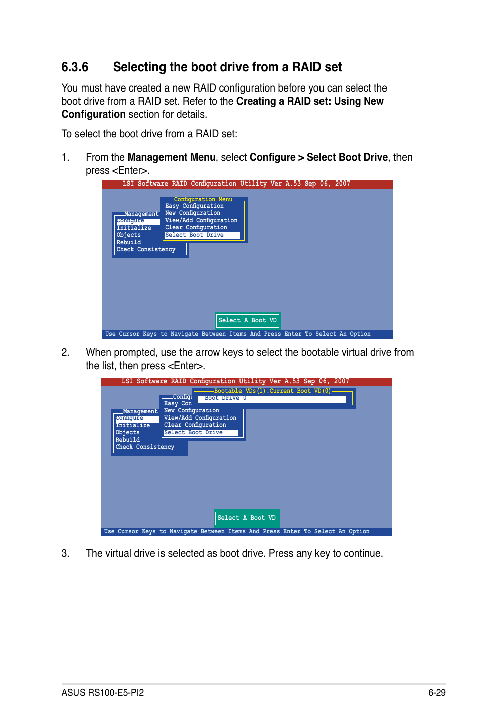 6 selecting the boot drive from a raid set, Selecting the boot drive from a raid set -29 | Asus RS100-E5-PI2 User Manual | Page 123 / 148