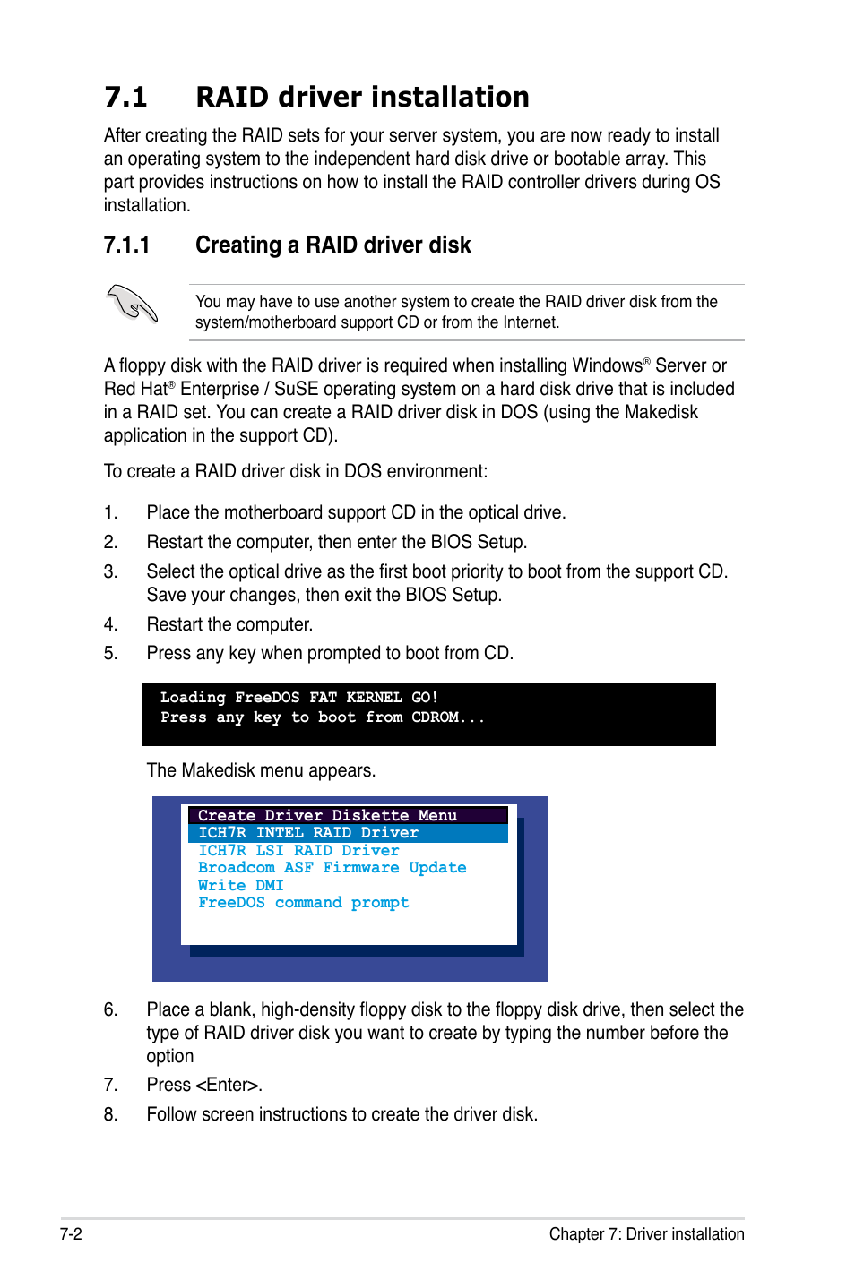 1 raid driver installation, 1 creating a raid driver disk, Raid driver installation -2 7.1.1 | Creating a raid driver disk -2 | Asus RS100-E5-PI2 User Manual | Page 126 / 148