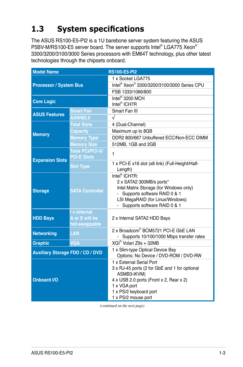 3 system specifications, System specifications -3 | Asus RS100-E5-PI2 User Manual | Page 13 / 148