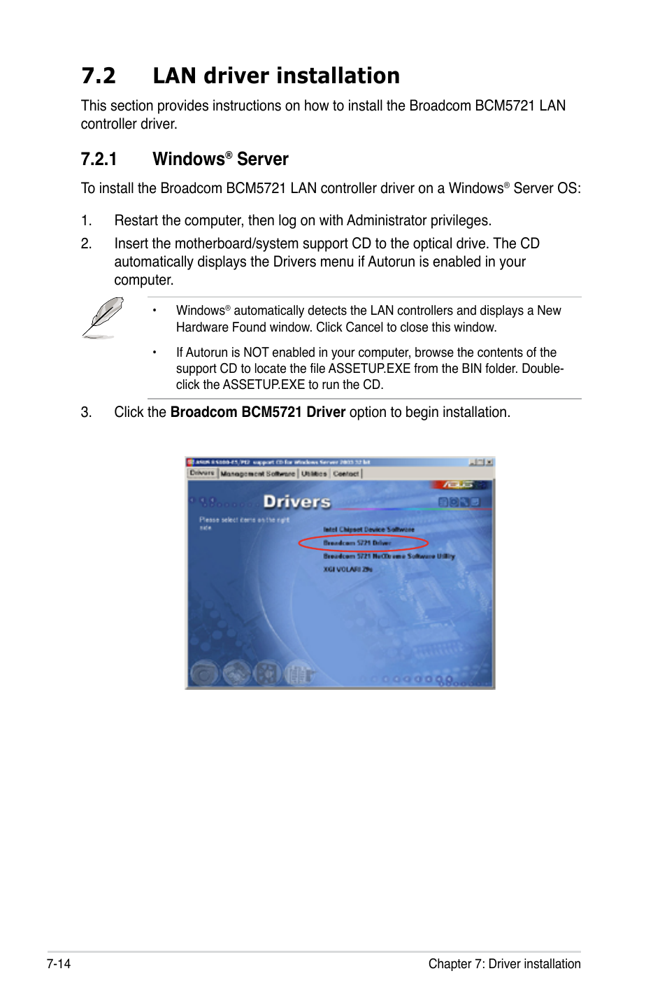 2 lan driver installation, 1 windows® server, Lan driver installation -14 7.2.1 | Windows, Server -14, 1 windows, Server | Asus RS100-E5-PI2 User Manual | Page 138 / 148