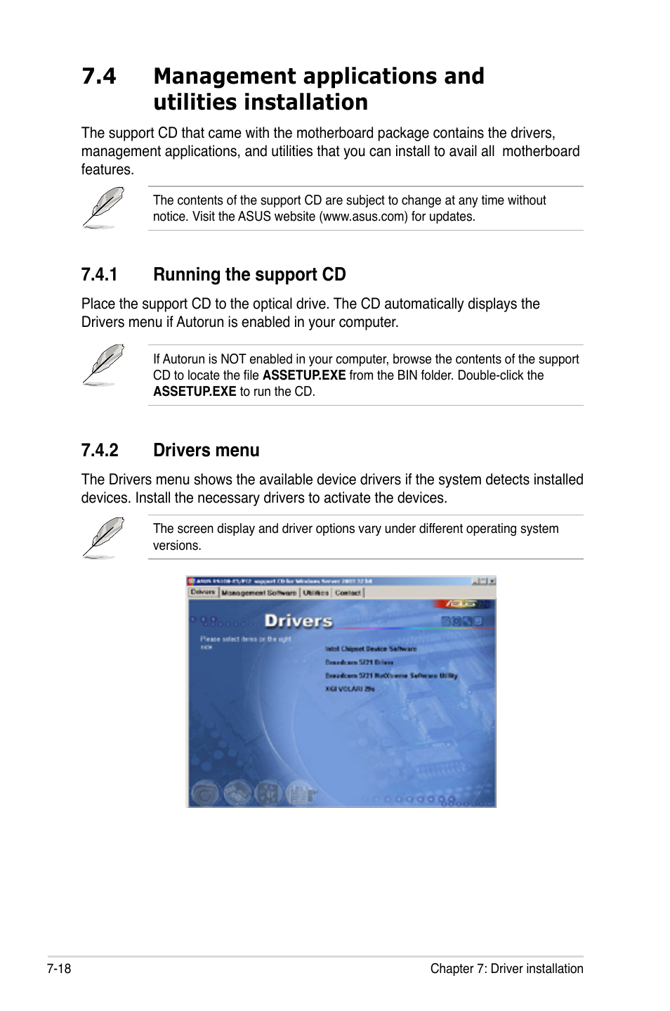 1 running the support cd, 2 drivers menu, Running the support cd -18 | Drivers menu -18 | Asus RS100-E5-PI2 User Manual | Page 142 / 148