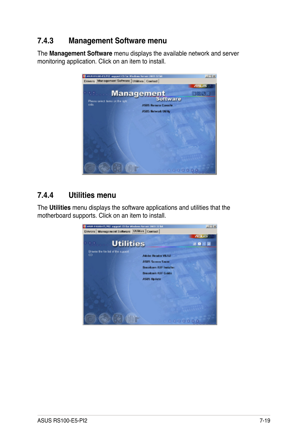 3 management software menu, 4 utilities menu, Management software menu -19 | Utilities menu -19 | Asus RS100-E5-PI2 User Manual | Page 143 / 148