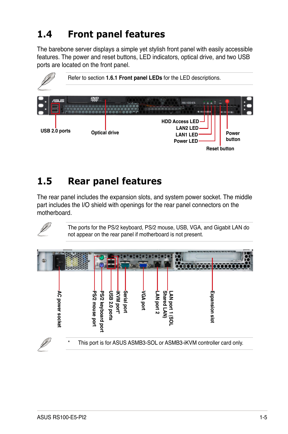4 front panel features, 5 rear panel features, Front panel features -5 | Rear panel features -5 | Asus RS100-E5-PI2 User Manual | Page 15 / 148