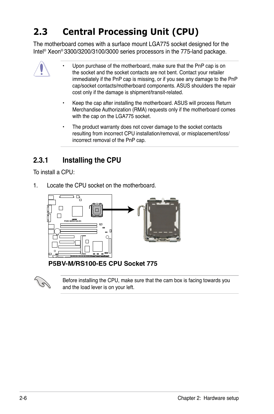 3 central processing unit (cpu), 1 installing the cpu, Central processing unit (cpu) -6 2.3.1 | Installing the cpu -6 | Asus RS100-E5-PI2 User Manual | Page 24 / 148