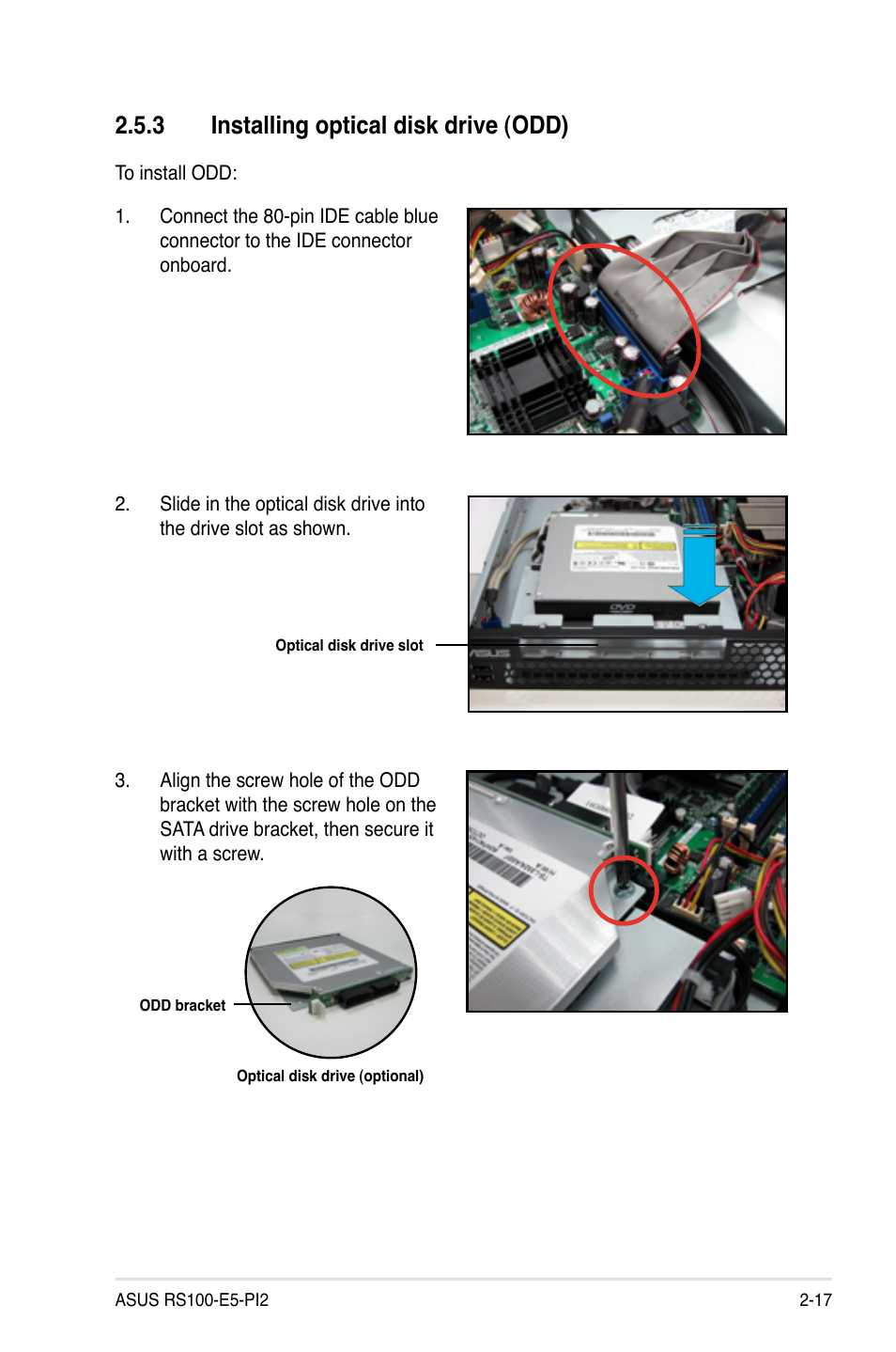 3 installing optical disk drive (odd), Installing optical disk drive (odd) -17 | Asus RS100-E5-PI2 User Manual | Page 35 / 148