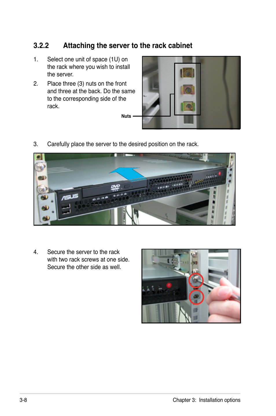 2 attaching the server to the rack cabinet, Attaching the server to the rack cabinet -8 | Asus RS100-E5-PI2 User Manual | Page 44 / 148