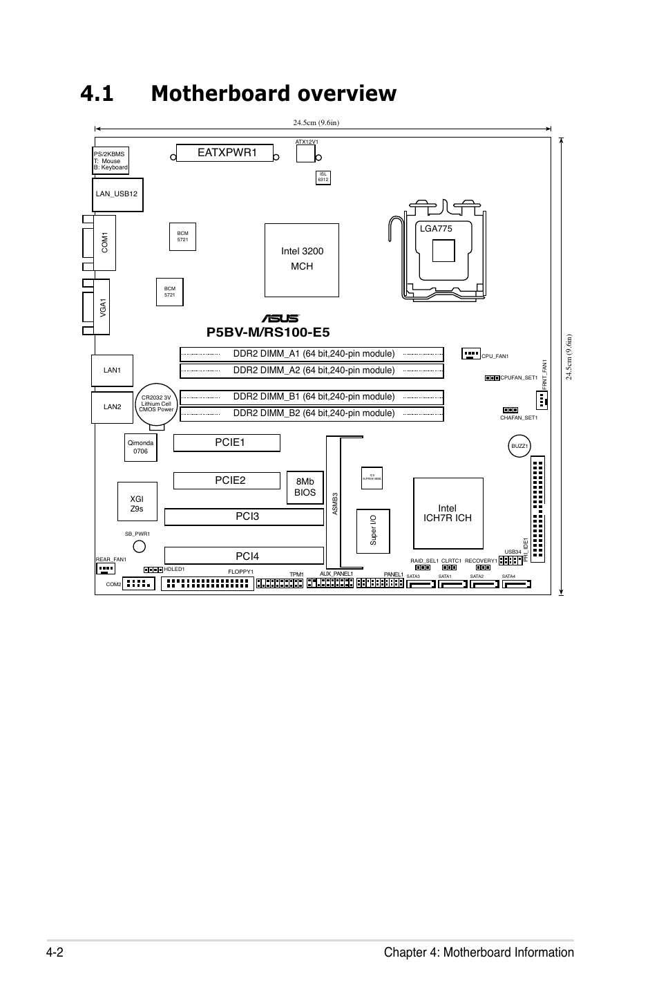 1 motherboard overview, Motherboard overview -2, 2 chapter 4: motherboard information | Eatxpwr1, Pci3 pcie1 pcie2 pci4 | Asus RS100-E5-PI2 User Manual | Page 48 / 148