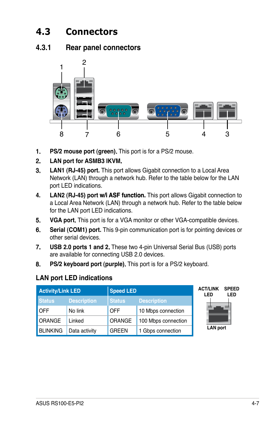 3 connectors, 1 rear panel connectors, Connectors -7 4.3.1 | Rear panel connectors -7 | Asus RS100-E5-PI2 User Manual | Page 53 / 148