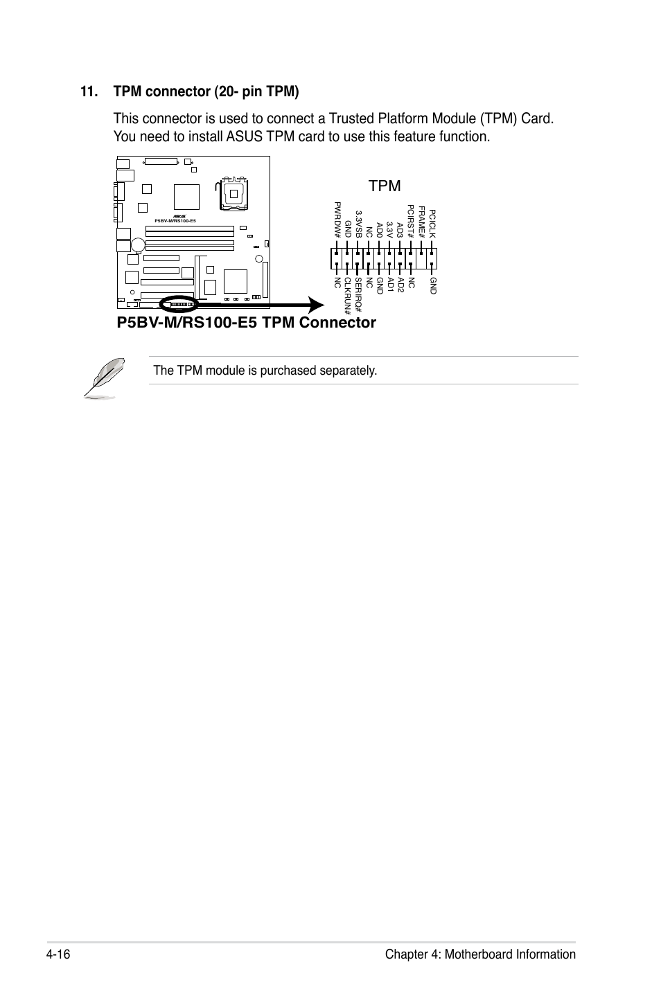 16 chapter 4: motherboard information, The tpm module is purchased separately | Asus RS100-E5-PI2 User Manual | Page 62 / 148