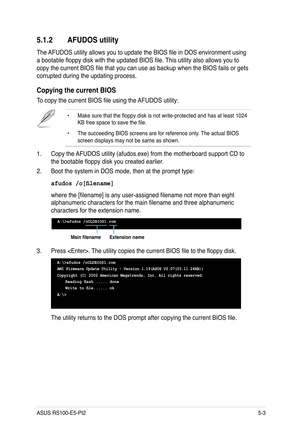 2 afudos utility, Afudos utility -3, Copying the current bios | Asus RS100-E5-PI2 User Manual | Page 65 / 148