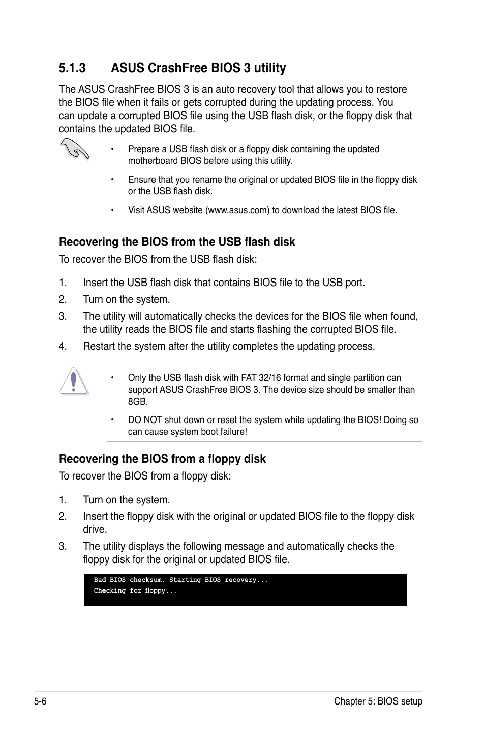 3 asus crashfree bios 3 utility, Asus crashfree bios 3 utility -6, Recovering the bios from the usb flash disk | Recovering the bios from a floppy disk | Asus RS100-E5-PI2 User Manual | Page 68 / 148