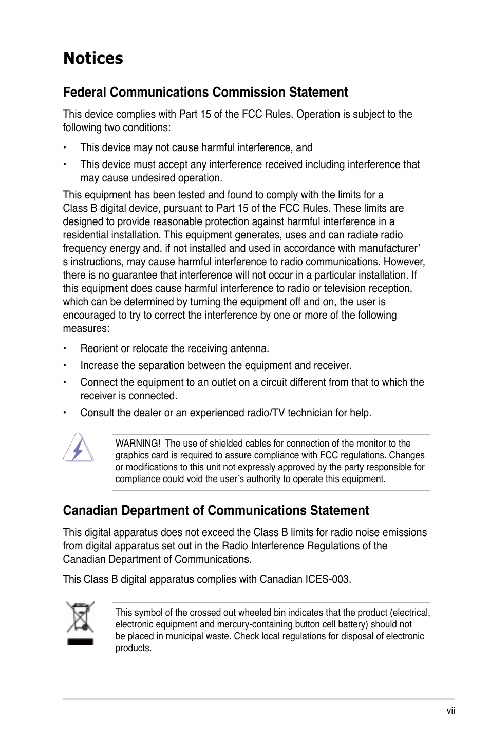 Notices, Federal communications commission statement, Canadian department of communications statement | Asus RS100-E5-PI2 User Manual | Page 7 / 148