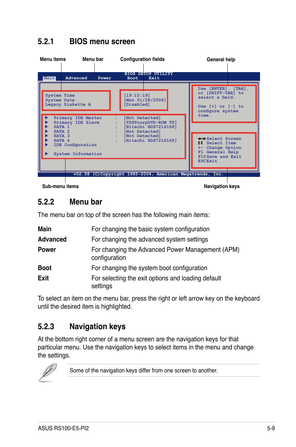 1 bios menu screen, 2 menu bar, 3 navigation keys | Bios menu screen -9, Menu bar -9, Navigation keys -9 | Asus RS100-E5-PI2 User Manual | Page 71 / 148