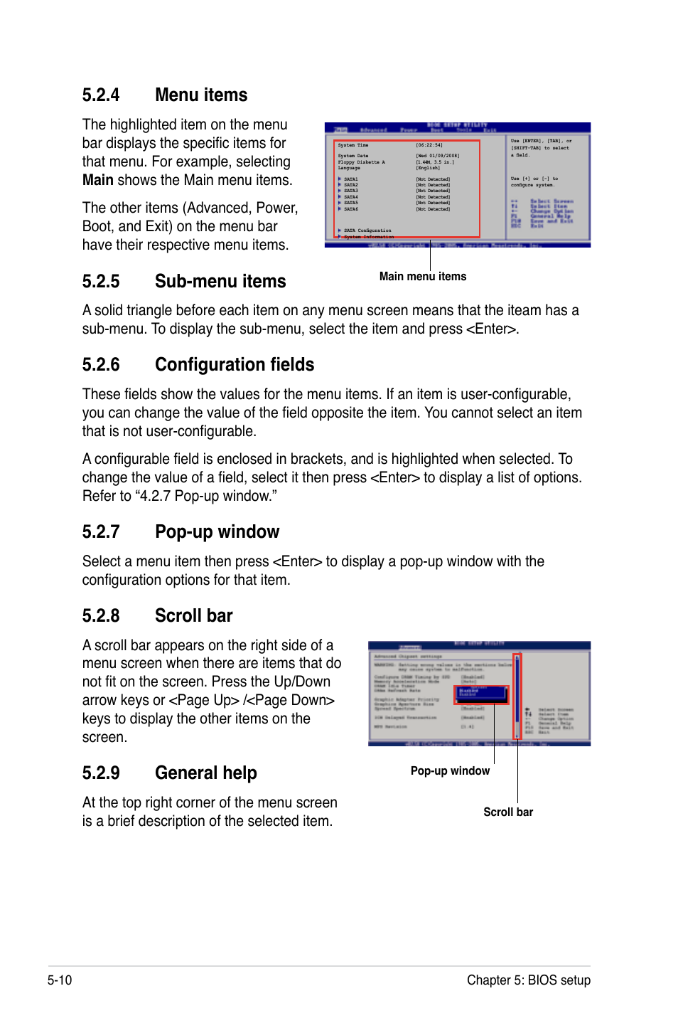 4 menu items, 5 sub-menu items, 6 configuration fields | 7 pop-up window, 8 scroll bar, 9 general help, Menu items -10, Sub-menu items -10, Configuration fields -10, Pop-up window -10 | Asus RS100-E5-PI2 User Manual | Page 72 / 148