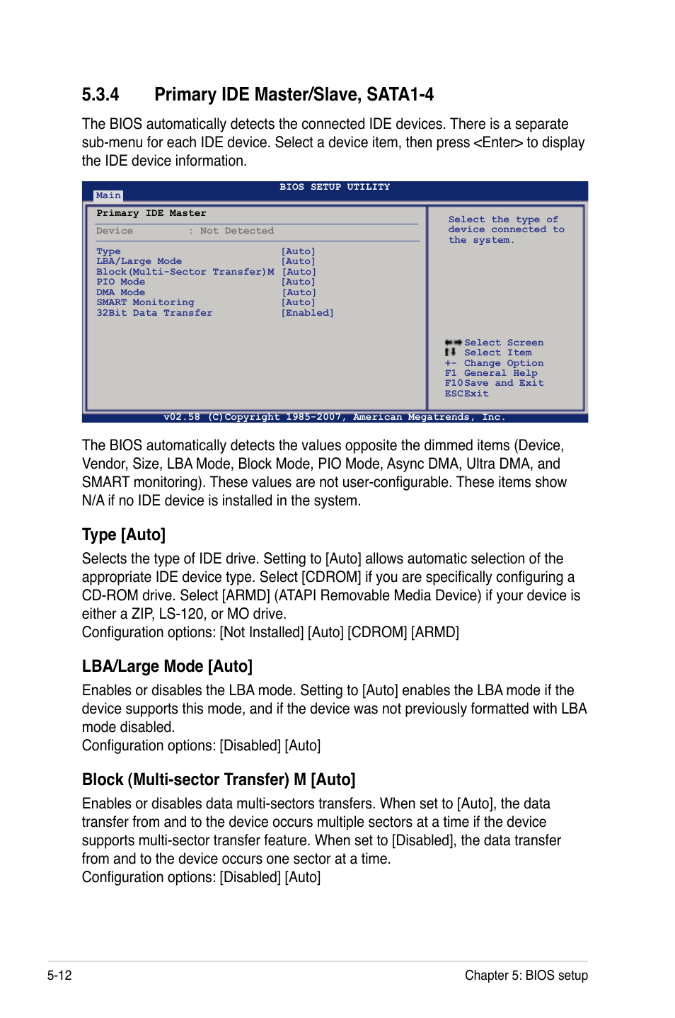 4 primary ide master/slave, sata1-4, Primary ide master/slave, sata1-4 -12, Type [auto | Lba/large mode [auto, Block (multi-sector transfer) m [auto | Asus RS100-E5-PI2 User Manual | Page 74 / 148