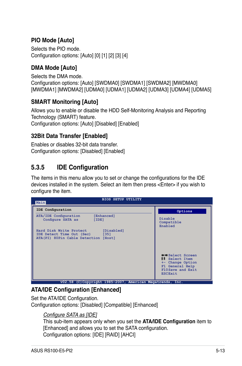 5 ide configuration, Ide configuration -13, Ata/ide configuration [enhanced | Pio mode [auto, Dma mode [auto, Smart monitoring [auto, 32bit data transfer [enabled | Asus RS100-E5-PI2 User Manual | Page 75 / 148