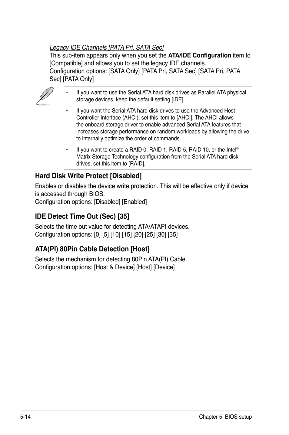 Hard disk write protect [disabled, Ide detect time out (sec) [35, Ata(pi) 80pin cable detection [host | Asus RS100-E5-PI2 User Manual | Page 76 / 148