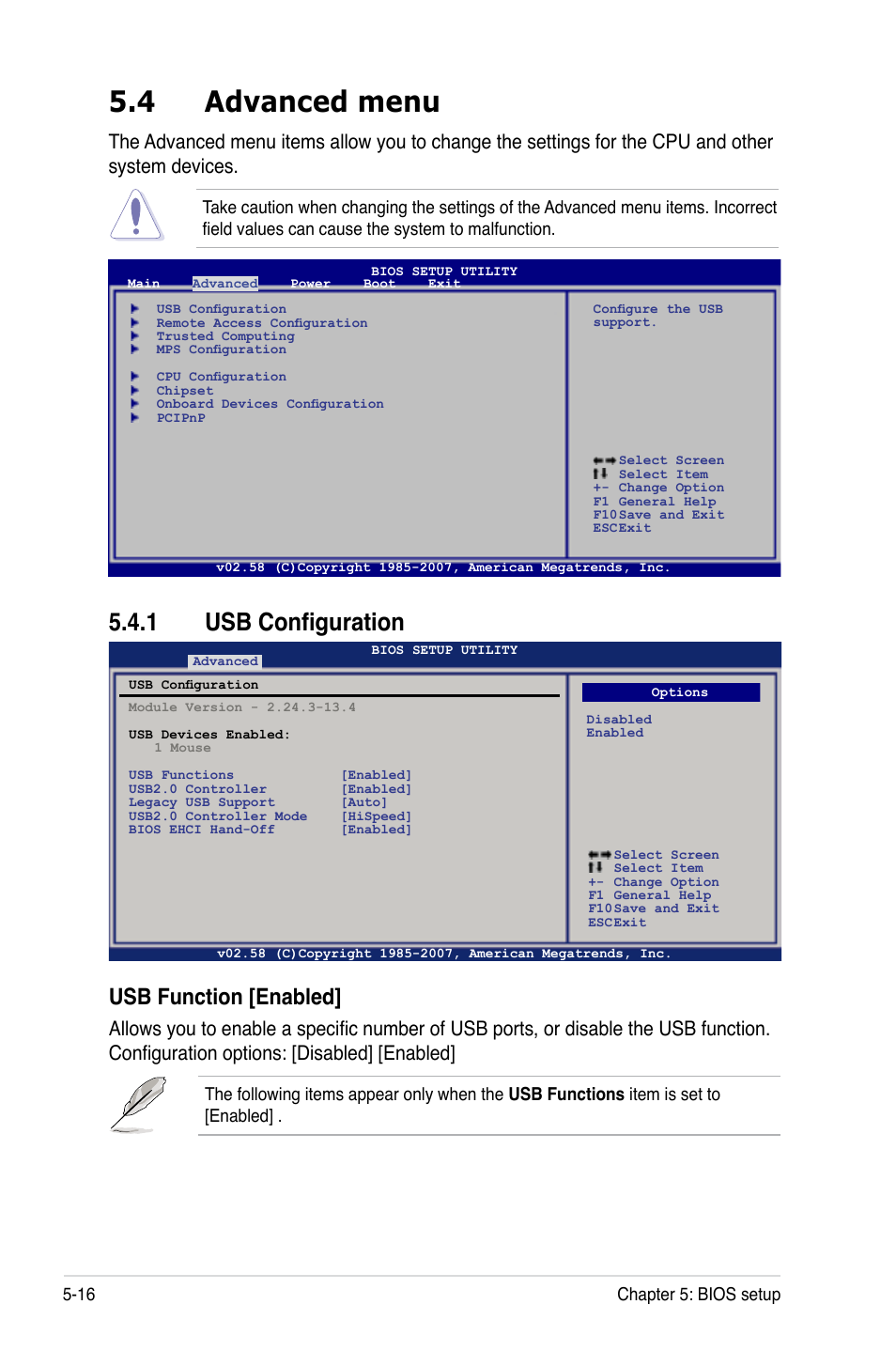 4 advanced menu, 1 usb configuration, Advanced menu -16 5.4.1 | Usb configuration -16, Usb function [enabled | Asus RS100-E5-PI2 User Manual | Page 78 / 148