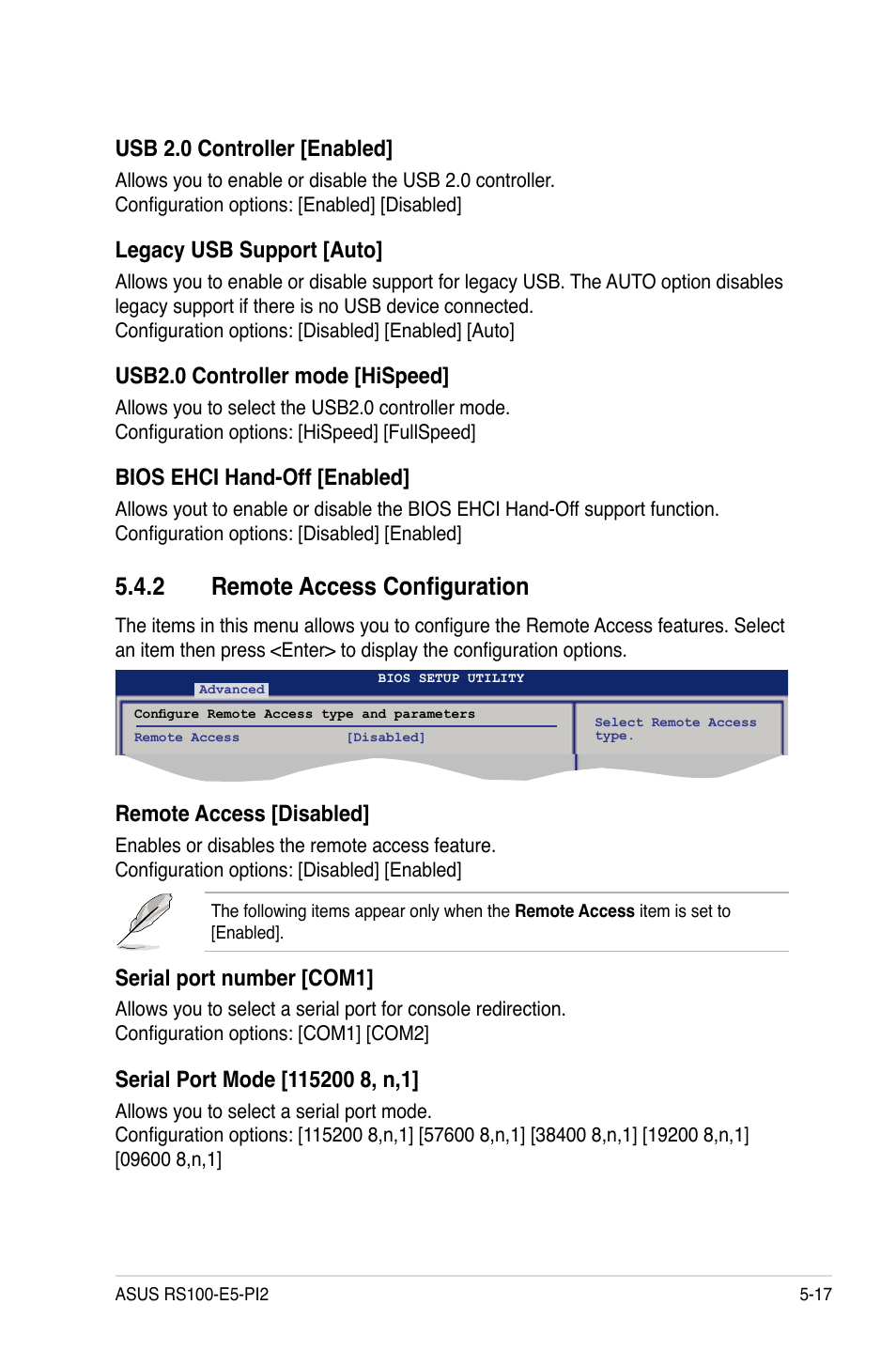 2 remote access configuration, Remote access configuration -17, Usb 2.0 controller [enabled | Legacy usb support [auto, Usb2.0 controller mode [hispeed, Bios ehci hand-off [enabled, Remote access [disabled, Serial port number [com1 | Asus RS100-E5-PI2 User Manual | Page 79 / 148