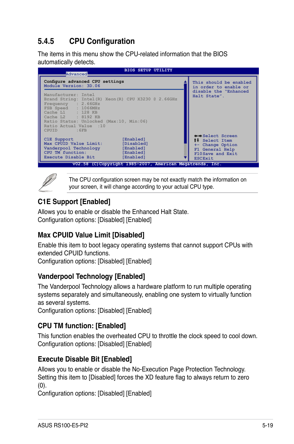 5 cpu configuration, Cpu configuration -19, C1e support [enabled | Max cpuid value limit [disabled, Vanderpool technology [enabled, Cpu tm function: [enabled, Execute disable bit [enabled | Asus RS100-E5-PI2 User Manual | Page 81 / 148