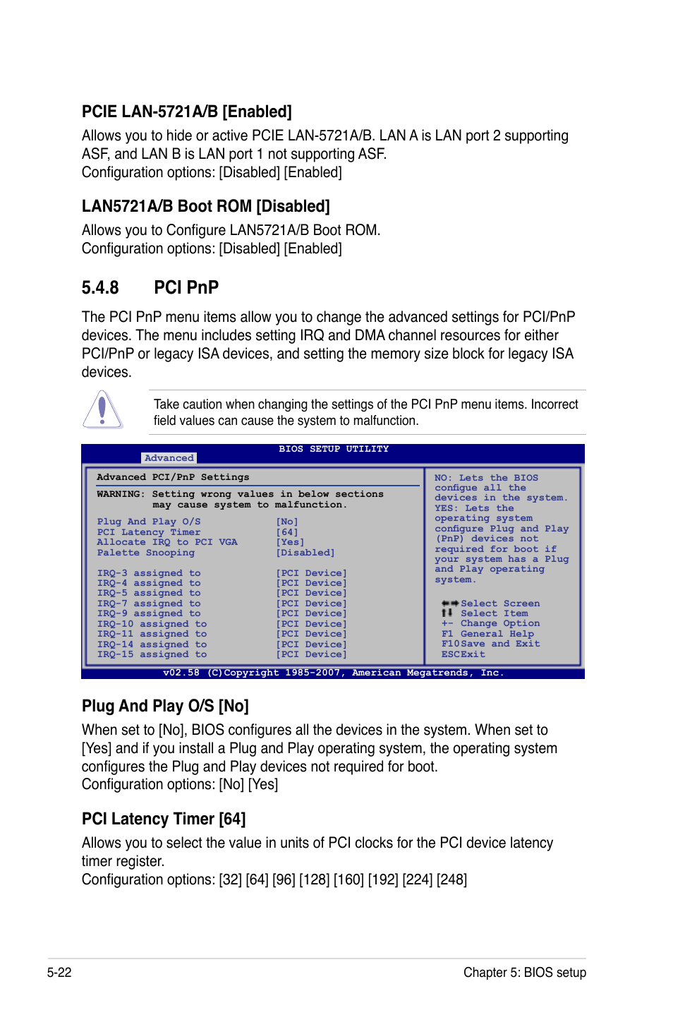 8 pci pnp, Pci pnp -22, Pcie lan-5721a/b [enabled | Lan5721a/b boot rom [disabled, Plug and play o/s [no, Pci latency timer [64 | Asus RS100-E5-PI2 User Manual | Page 84 / 148