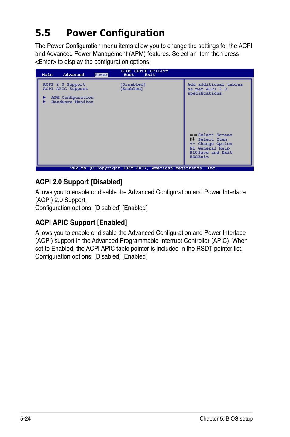 5 power configuration, Power configuration -24, Acpi 2.0 support [disabled | Acpi apic support [enabled | Asus RS100-E5-PI2 User Manual | Page 86 / 148