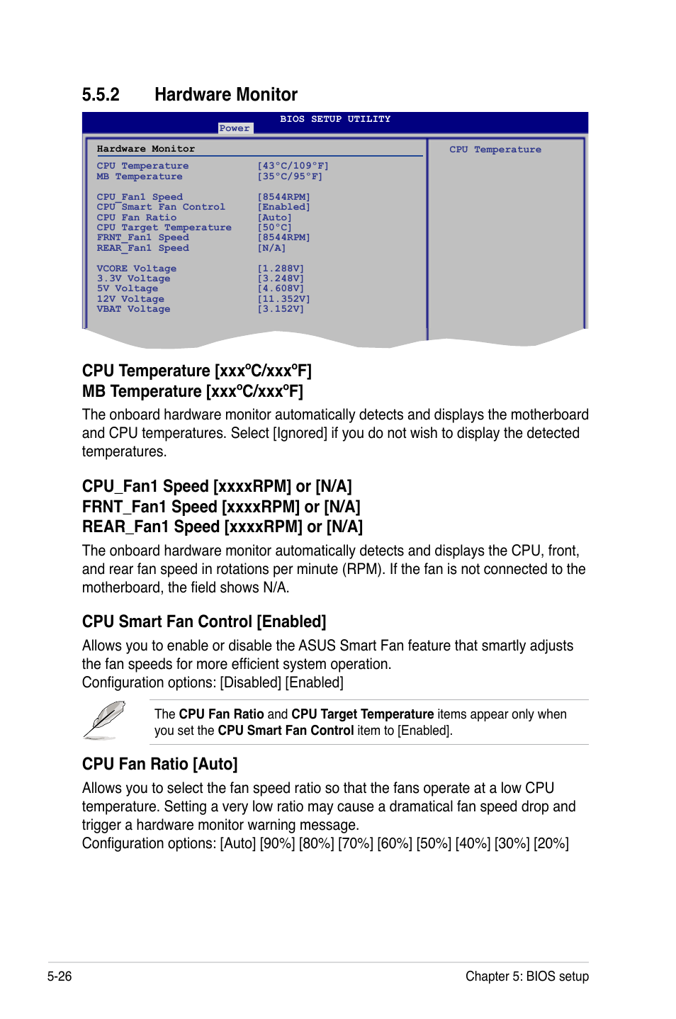 2 hardware monitor, Hardware monitor -26, Cpu smart fan control [enabled | Cpu fan ratio [auto | Asus RS100-E5-PI2 User Manual | Page 88 / 148