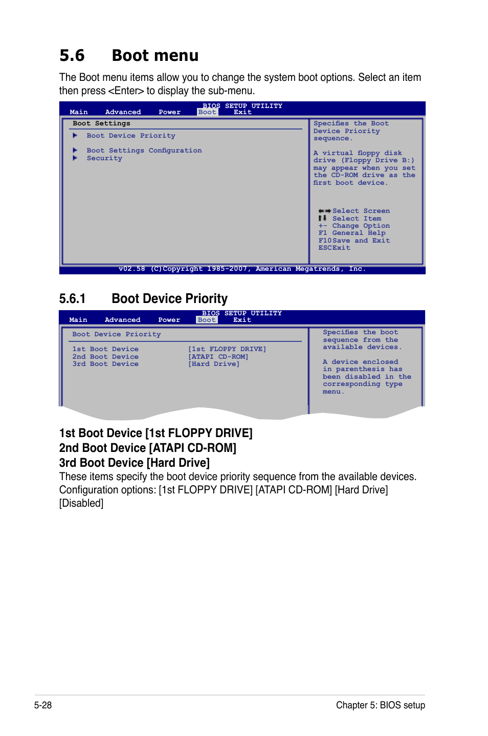 6 boot menu, 1 boot device priority, Boot menu -28 5.6.1 | Boot device priority -28 | Asus RS100-E5-PI2 User Manual | Page 90 / 148