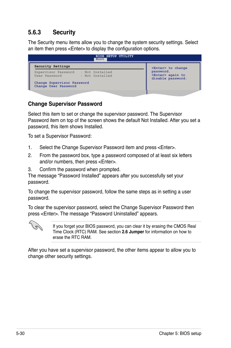 3 security, Security -30, Change supervisor password | Asus RS100-E5-PI2 User Manual | Page 92 / 148