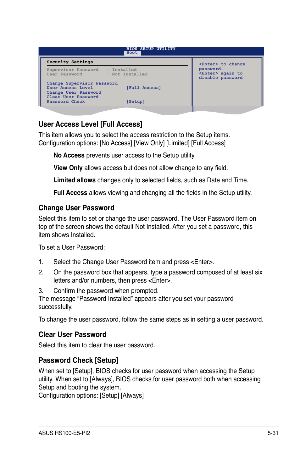 User access level [full access, Change user password, Clear user password | Password check [setup | Asus RS100-E5-PI2 User Manual | Page 93 / 148