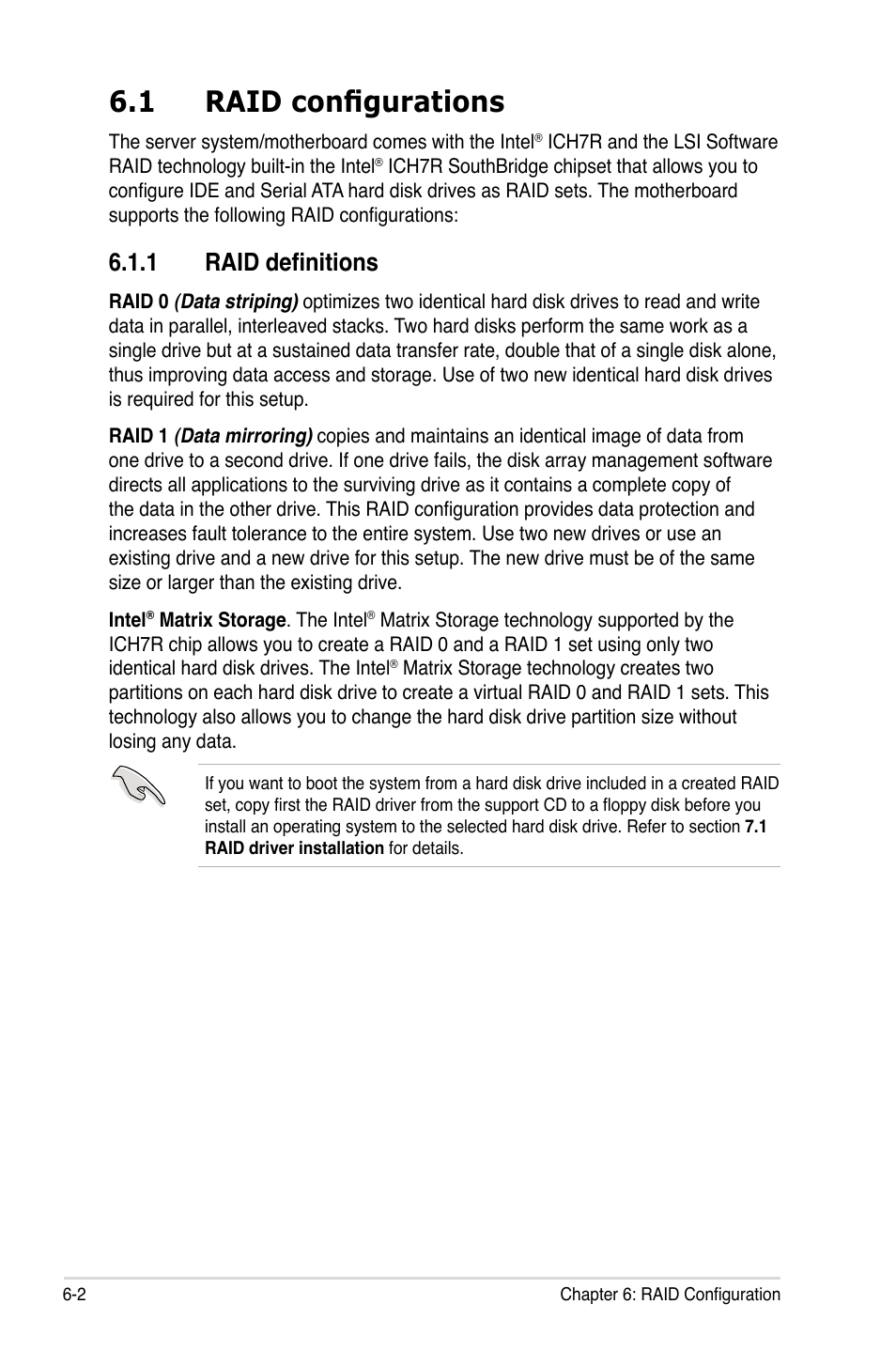 1 raid configurations, 1 raid definitions, Raid configurations -2 6.1.1 | Raid definitions -2 | Asus RS100-E5-PI2 User Manual | Page 96 / 148