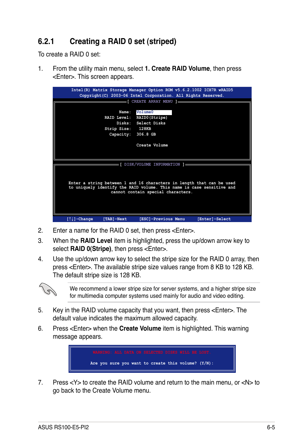 1 creating a raid 0 set (striped), Creating a raid 0 set (striped) -5 | Asus RS100-E5-PI2 User Manual | Page 99 / 148